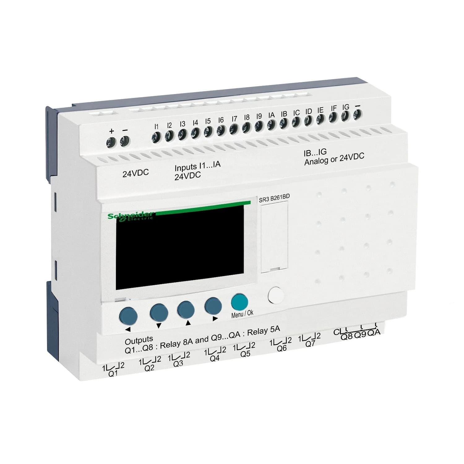 SR3B261BD Schneider Electric modular smart relay, Zelio Logic SR2 SR3, 26 IO, 24V DC, clock, display, 10 relay outputs