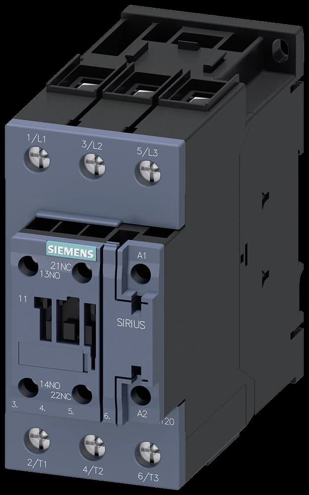 3RT2035-1NB30 Siemens power contactor, AC-3e/AC-3, 41 A, 18.5 kW / 400 V, 3-pole, 20-33 V AC/DC, 50/60 Hz, with integrated varistor, auxiliary contacts: 1 NO + 1 NC, screw terminal, size: S2