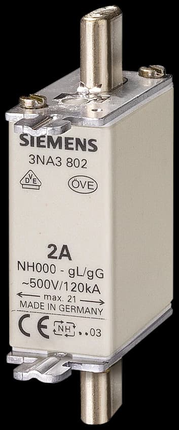 3NA3822 Siemens LV HRC sulakeelementti, NH000, In: 63 A, gG, Un AC: 500 V, Un DC: 250 V, Etuilmaisin, jännitteiset kahvakorvakkeet