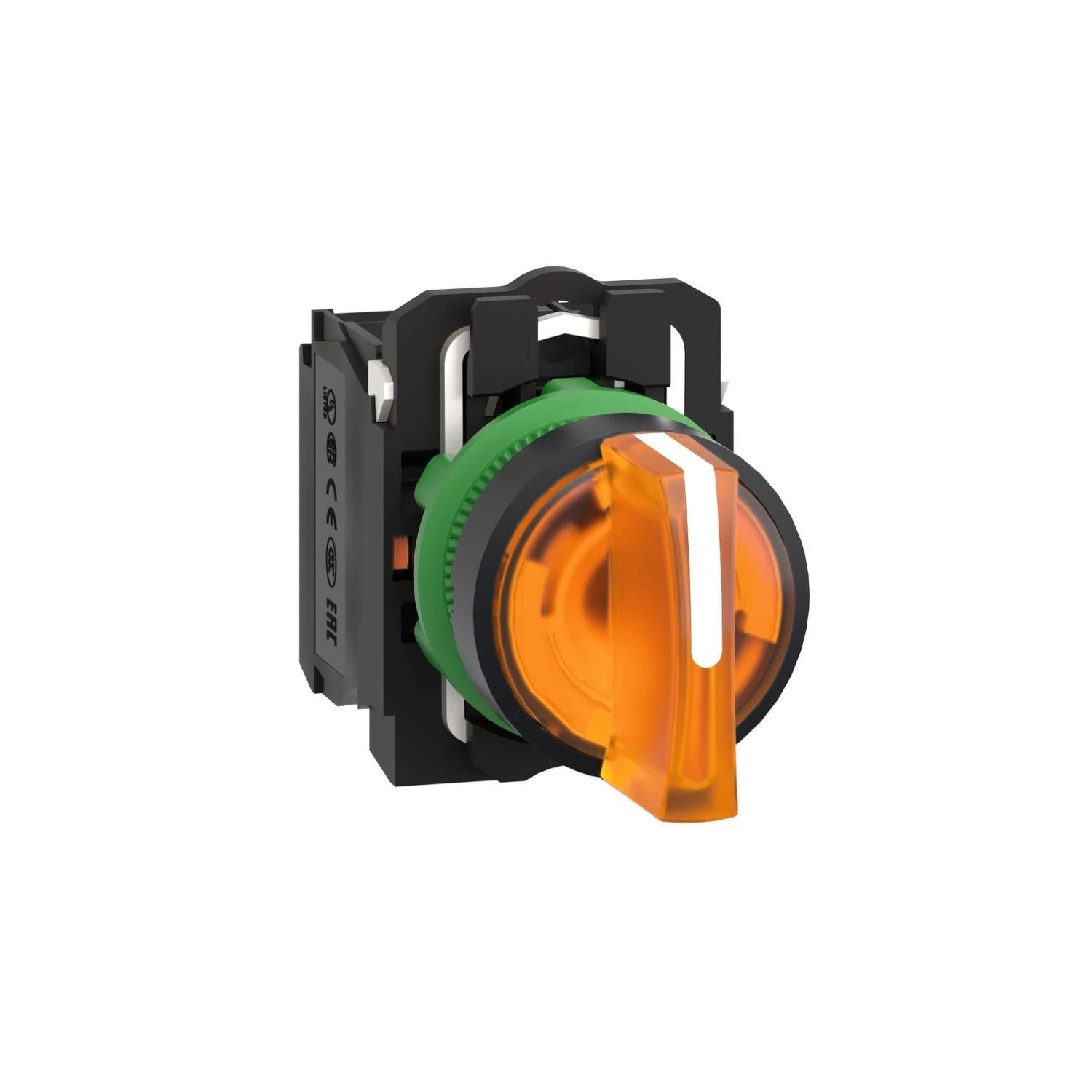 XB5AK135B5 Schneider Electric Illuminated selector switch, Harmony XB5, grey plastic, orange handle, 22mm, universal LED, 3 positions, 1NO + 1NC, 24V AC DC