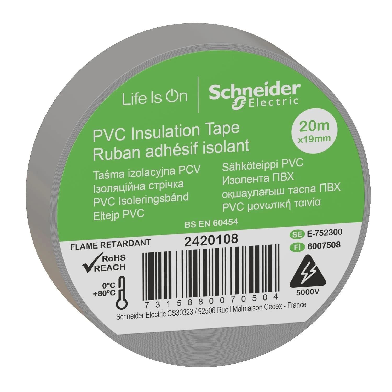 2420108 Schneider Electric Insulation tape, Thorsman, 19mm x 20m, grey
