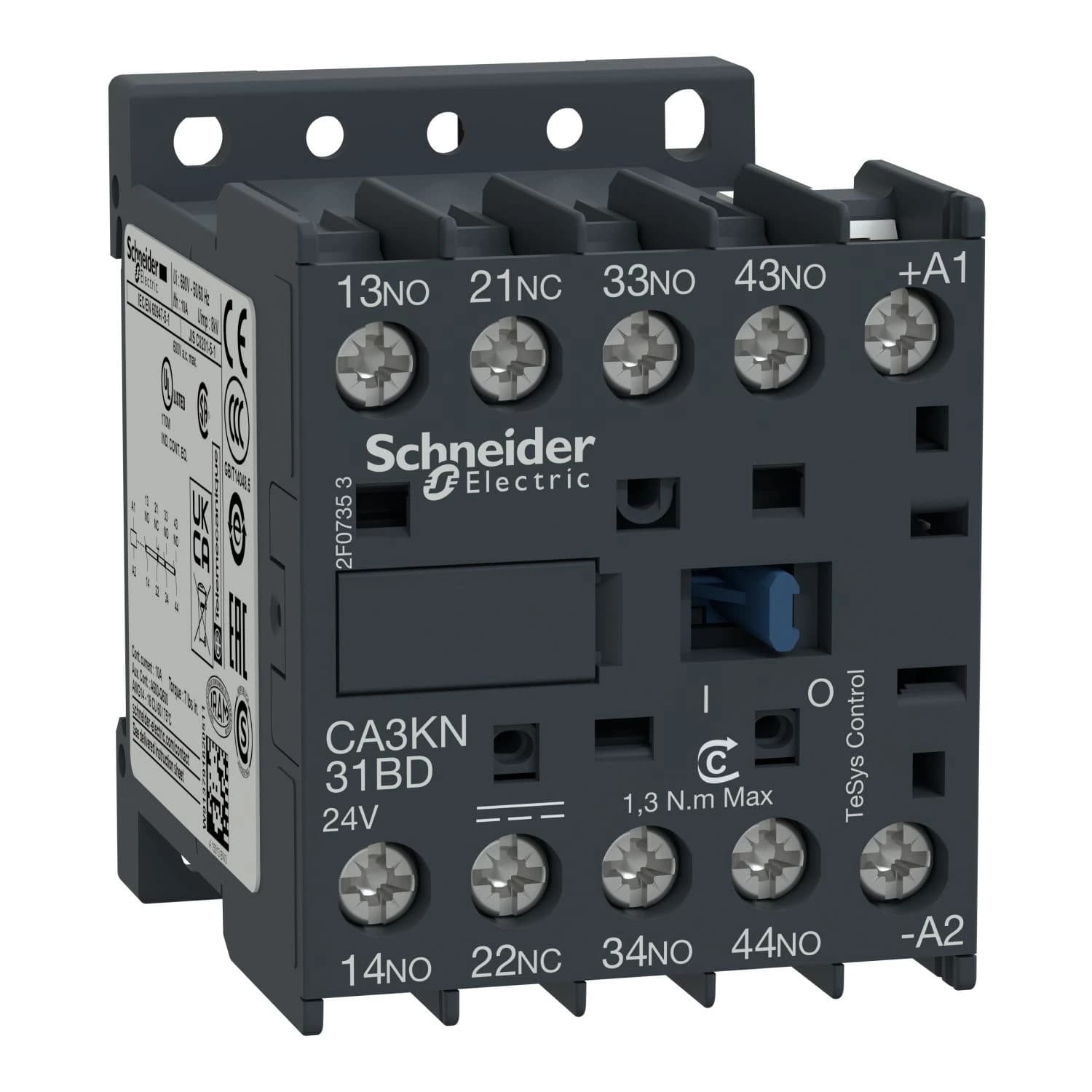CA3KN31BD Schneider Electric control relay, TeSys K, 4P(3NO+1NC), 690V, 24V DC standard coil