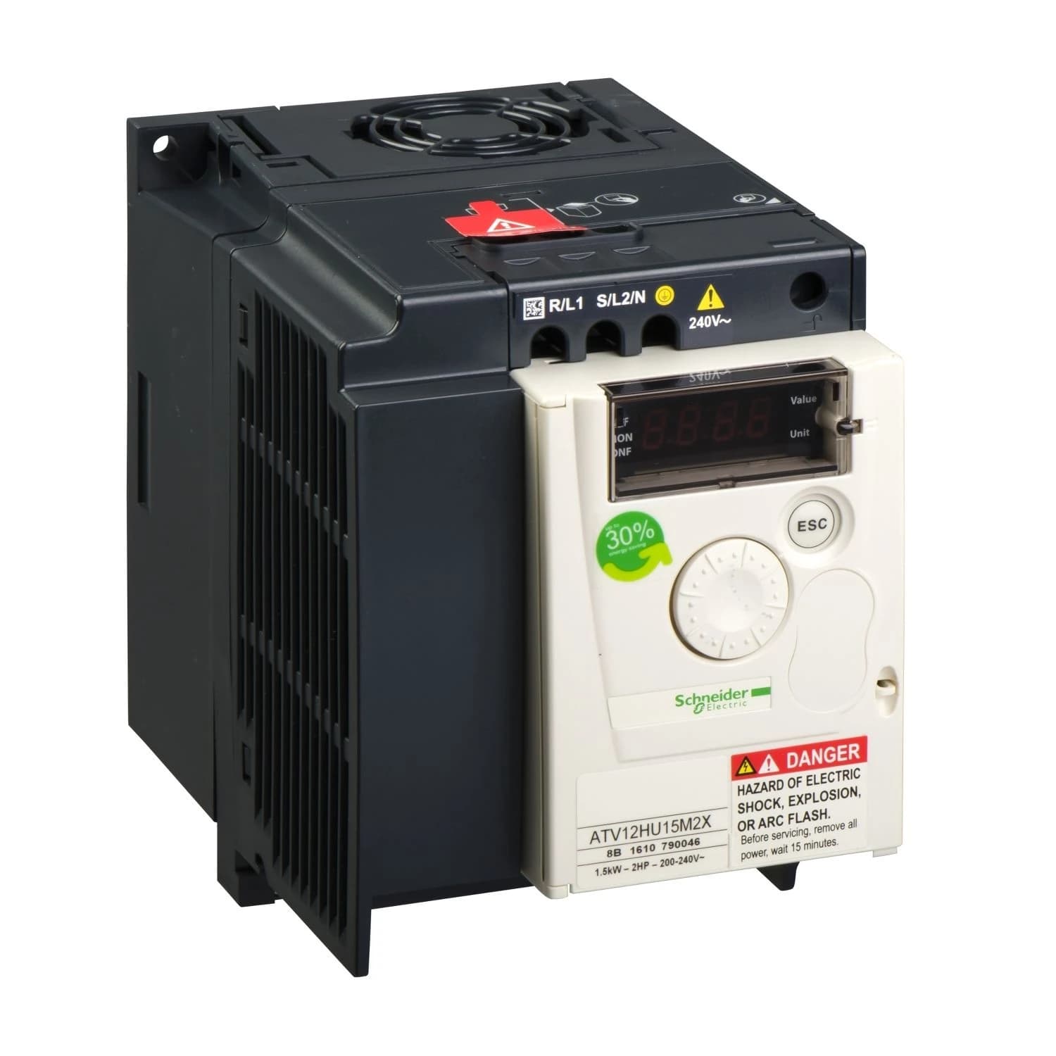 ATV12HU15M2X Schneider Electric variable speed drive, Altivar 12, 1.5kW, 2hp, 200 to 240V, 1 phase, without heat sink