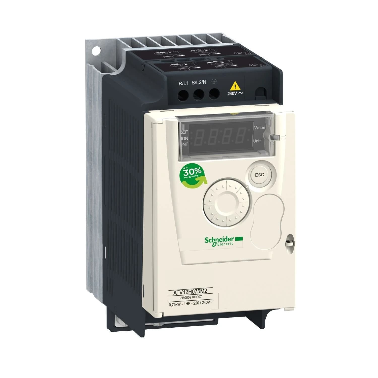 ATV12H055M2 Schneider Electric Variateur de vitesse, Altivar 12, 0,55 kW, 0,75 ch, 200 à 240 V, monophasé, avec dissipateur thermique