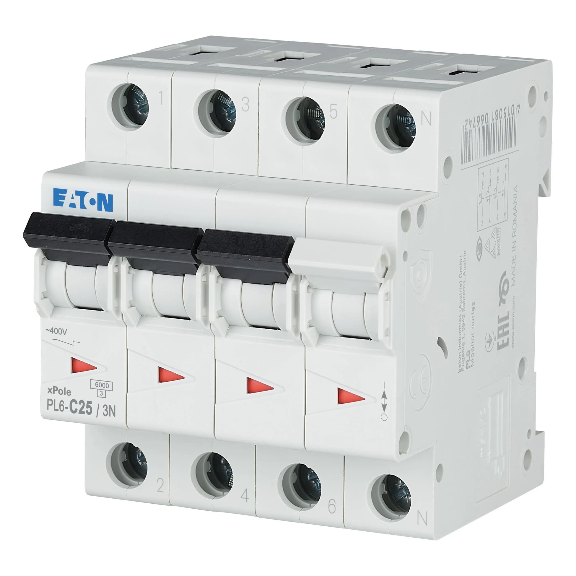 106912 EATON PL6-C25/3N - Miniature circuit breaker (MCB), 25 A, 3p+N, characteristic: C