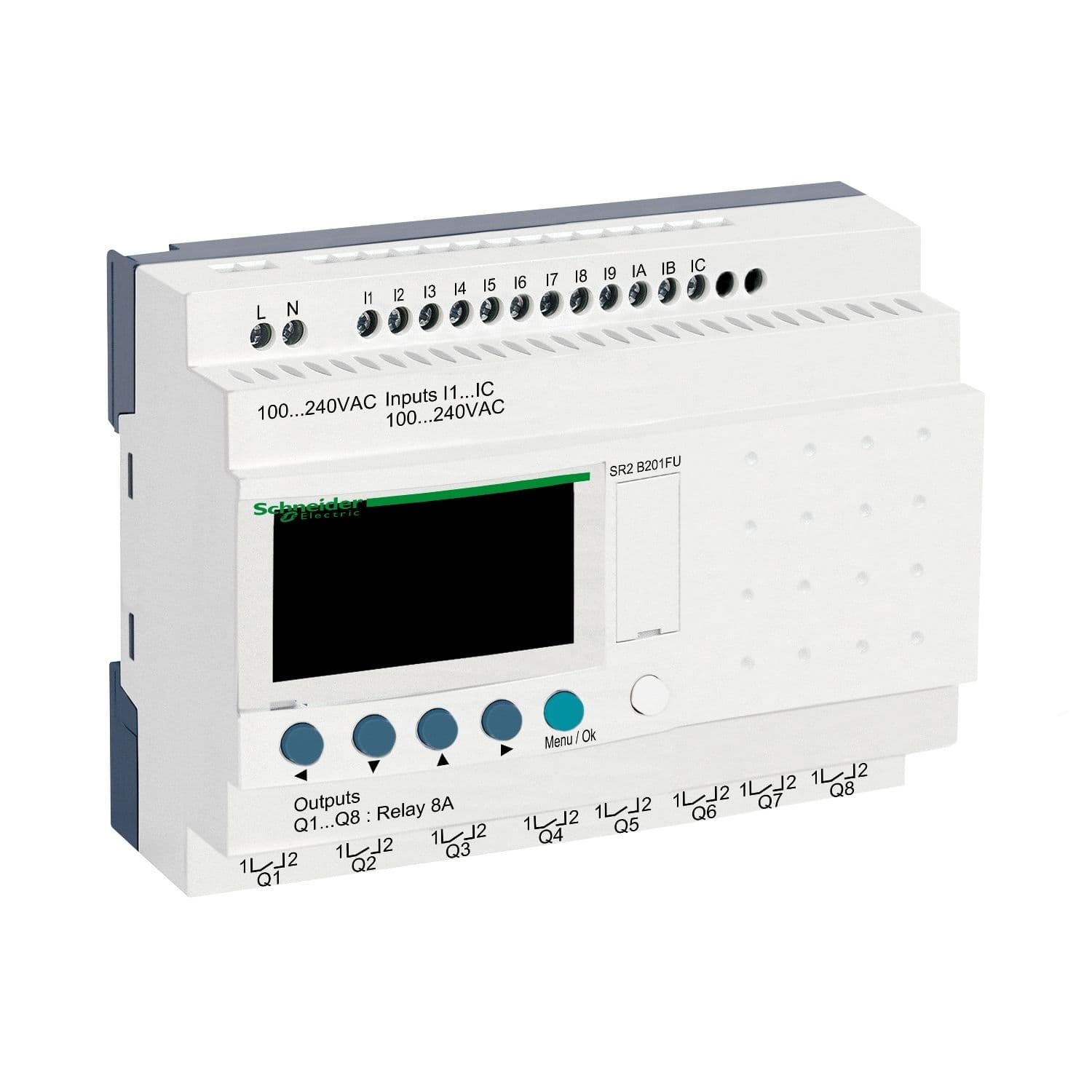 SR2B201FU Schneider Electric compact smart relay, Zelio Logic SR2 SR3, 20 IO, 100 to 240V AC, clock, display