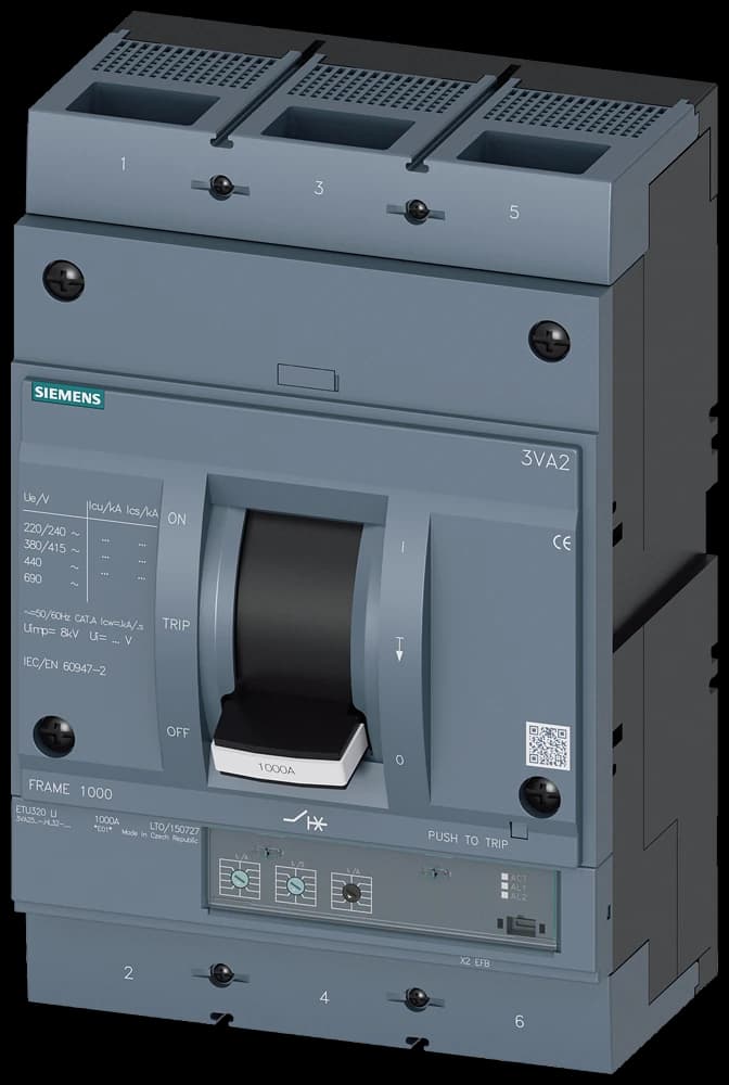 3VA2510-5HL32-0AA0 Siemens circuit breaker 3VA2 IEC frame 1000 breaking capacity class M Icu=55kA @ 415V 3-pole, line protection ETU320, LI, In=1000A overload protection Ir=400A...1000A short-circuit protection Ii=1.5...10 x In nut keeper kit