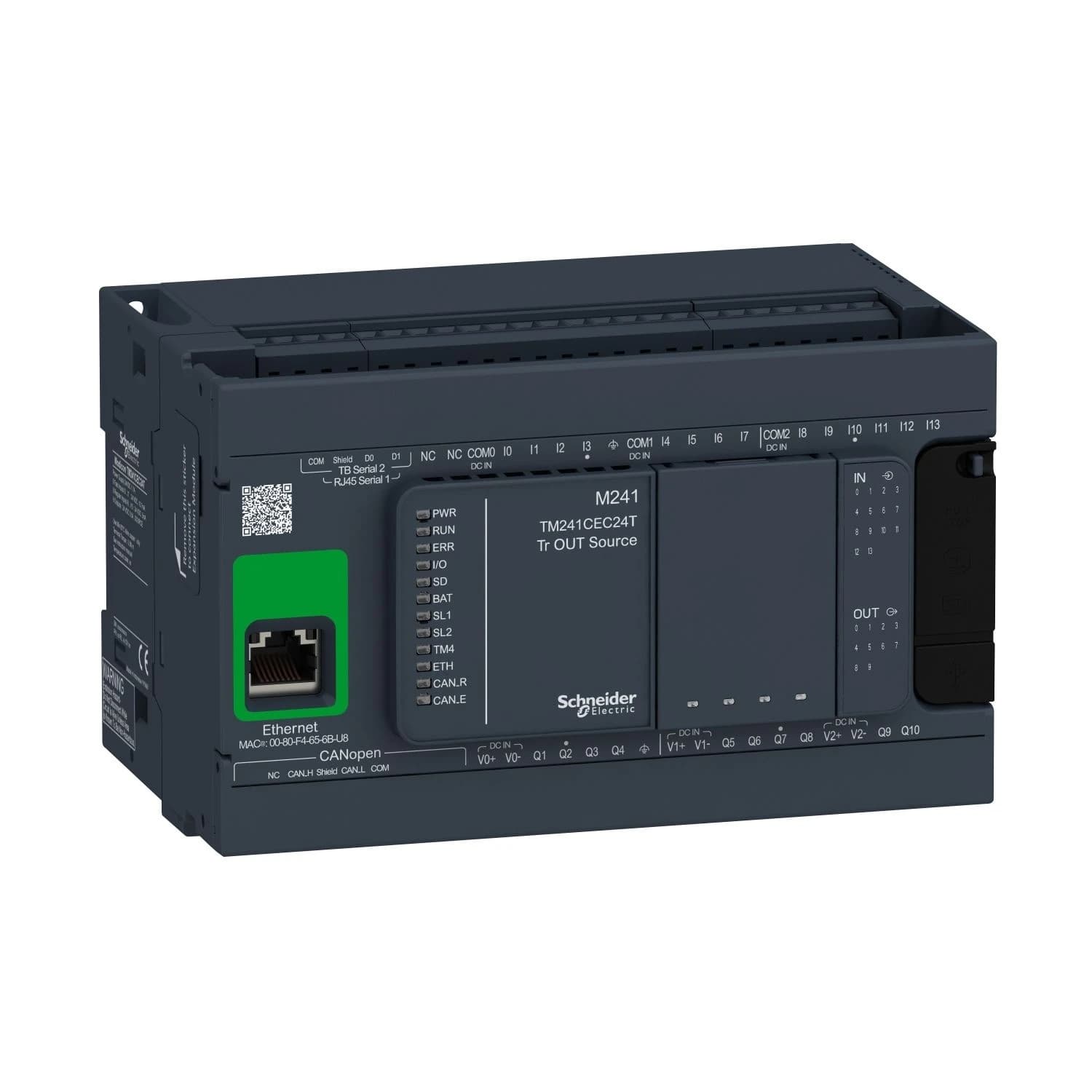 TM241CEC24T Schneider Electric logiikkaohjain, Modicon M241, 24 IO, transistori, PNP, Ethernet, CAN-isäntä