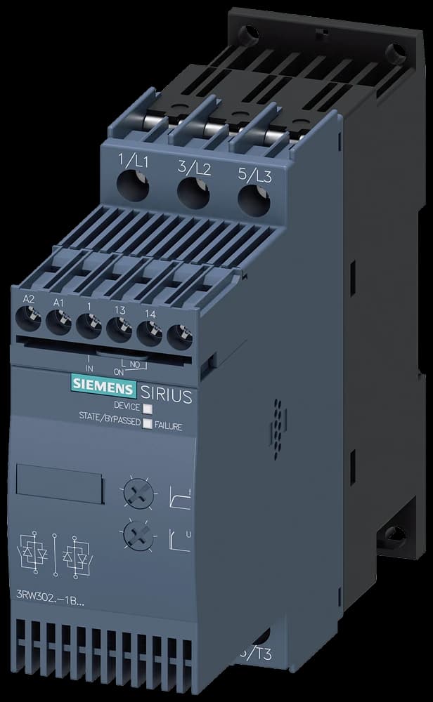 3RW3028-1BB14 Siemens SIRIUS-pehmokäynnistin S0 38 A, 18,5 kW/400 V, 40 °C 200-480 V AC, 110-230 V AC/DC Kierreliittimet