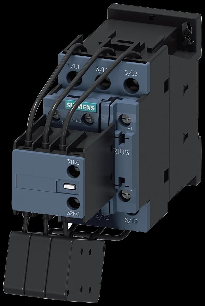 3RT2627-1AP05 Siemens Contacteur de condensateur, AC-6b 25 kVAr, / 400 V, tripolaire, 230 V CA, 50 Hz, contacts auxiliaires : 1 NO + 2 NF, borne à vis, taille : S0