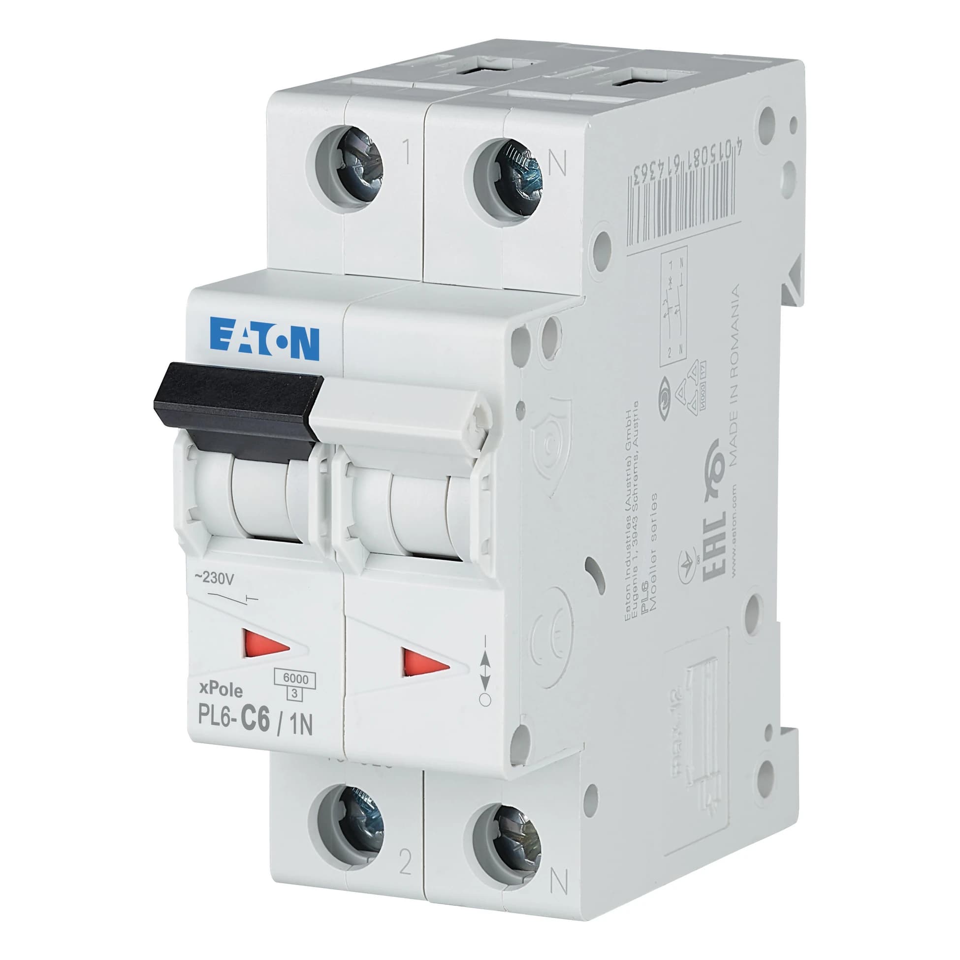 106031 EATON PL6-C6/1N - Miniature circuit breaker (MCB), 6 A, 1p+N, characteristic: C