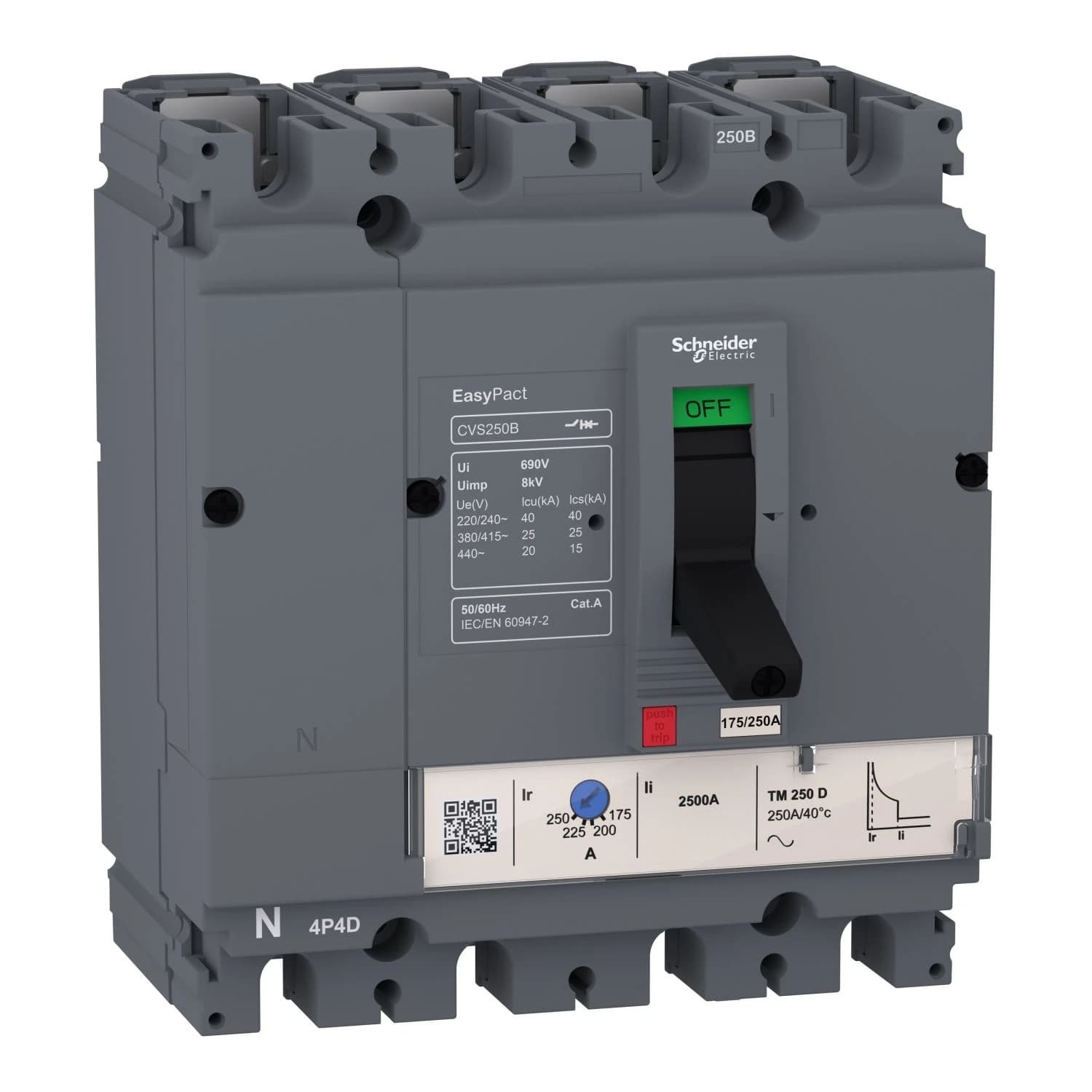 LV510313 Schneider Electric circuit breaker EasyPact CVS100B, 25kA at 415VAC, 40A TMD trip unit, 4P 3d