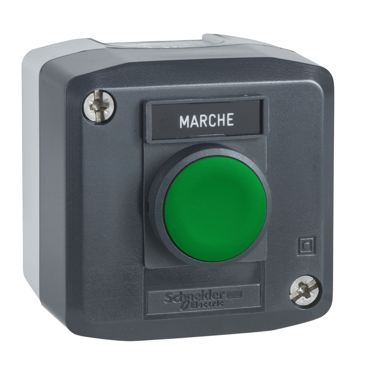 XALD101 Schneider Electric Boîtier de commande Harmony XALD, XALK, plastique, gris foncé, 1 bouton poussoir affleurant vert, 22 mm, rappel par ressort, 1 NO, porte-étiquette marqué MARCHE