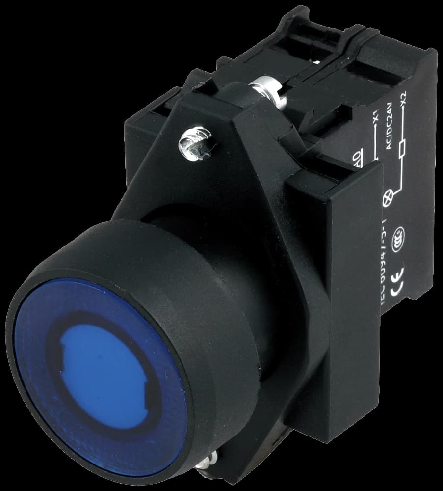 3SB6113-0DB30-1BA0 Siemens Täydellinen yksikköyhdistelmä 22 mm muovinen musta pyöreä valaistu painonappi hetkellinen litteällä painikkeella pidikkeellä intg. LED, 24V AC/DC ruuviliitin, 1 EI keltaista