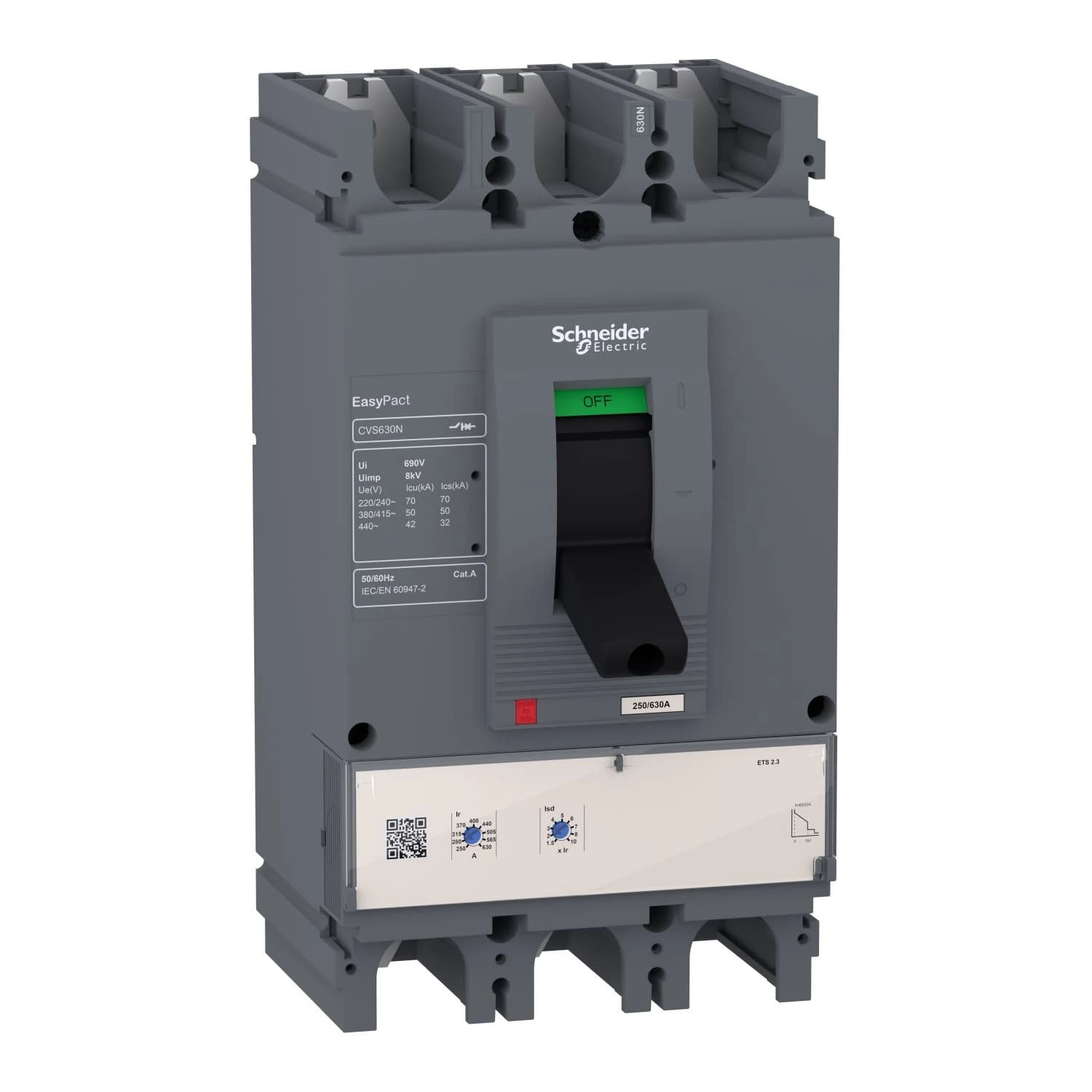 LV563510 Schneider Electric circuit breaker, EasyPact CVS630N, 50kA at 415VAC, 630A, ETS 2.3 electronic trip unit, 3P3d