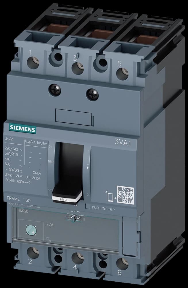 3VA1112-4EE36-0AA0 Siemens circuit breaker 3VA1 IEC frame 160 breaking capacity class S Icu=36kA @ 415V 3-pole, line protection TM220, ATFM, In=125A overload protection Ir=88A...125A short-circuit protection Ii=10 x In clamp connection